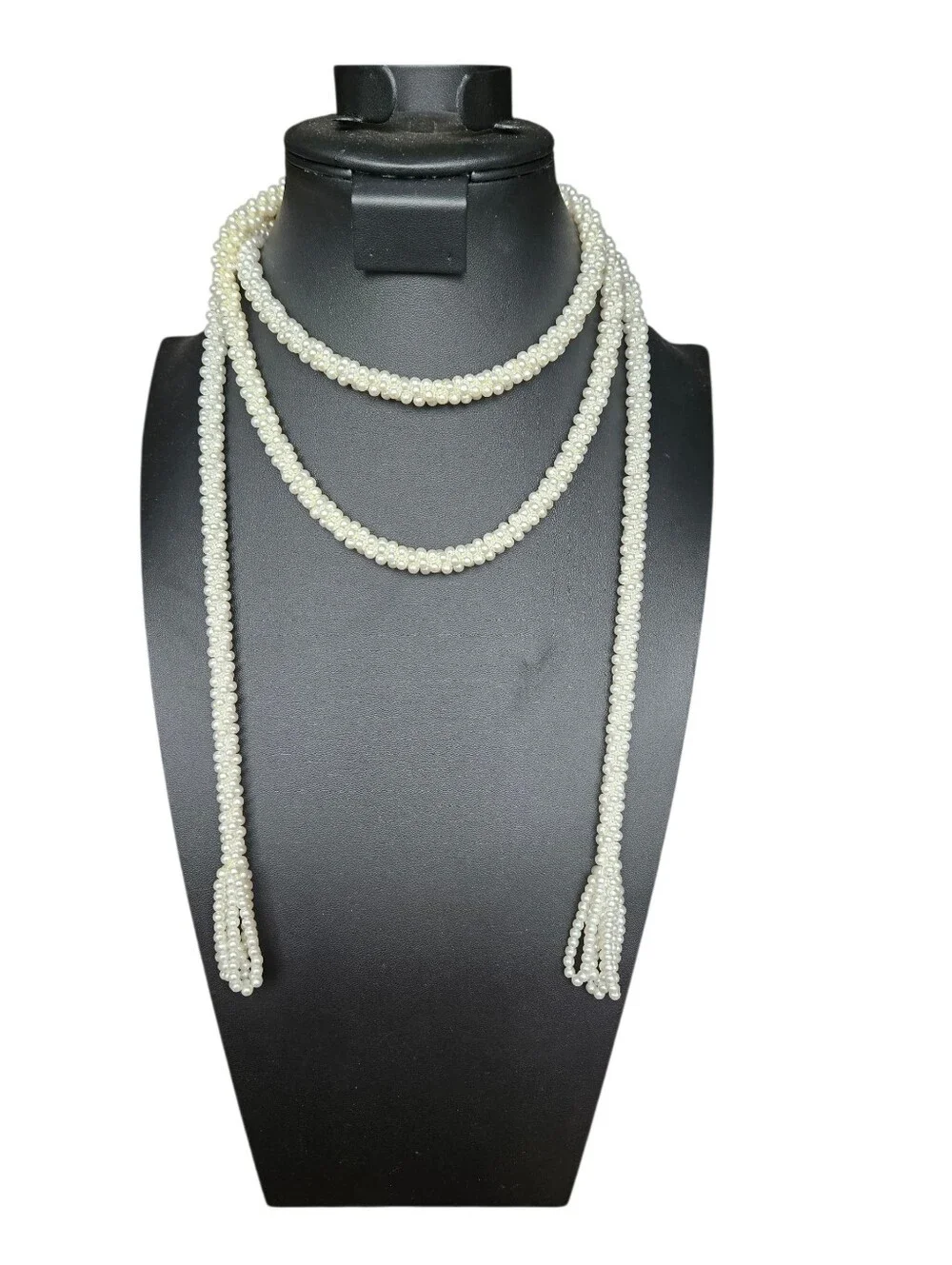 Vintage Lariat Style Necklace Features Crocheted Faux Seed Pearls With Tassel En